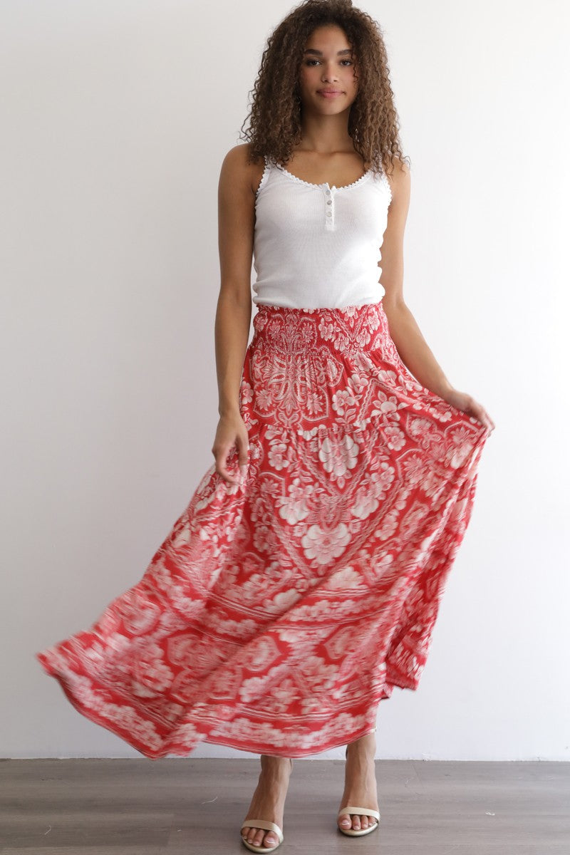 Printed Tiered A Line Maxi Skirt With Smocked Waist