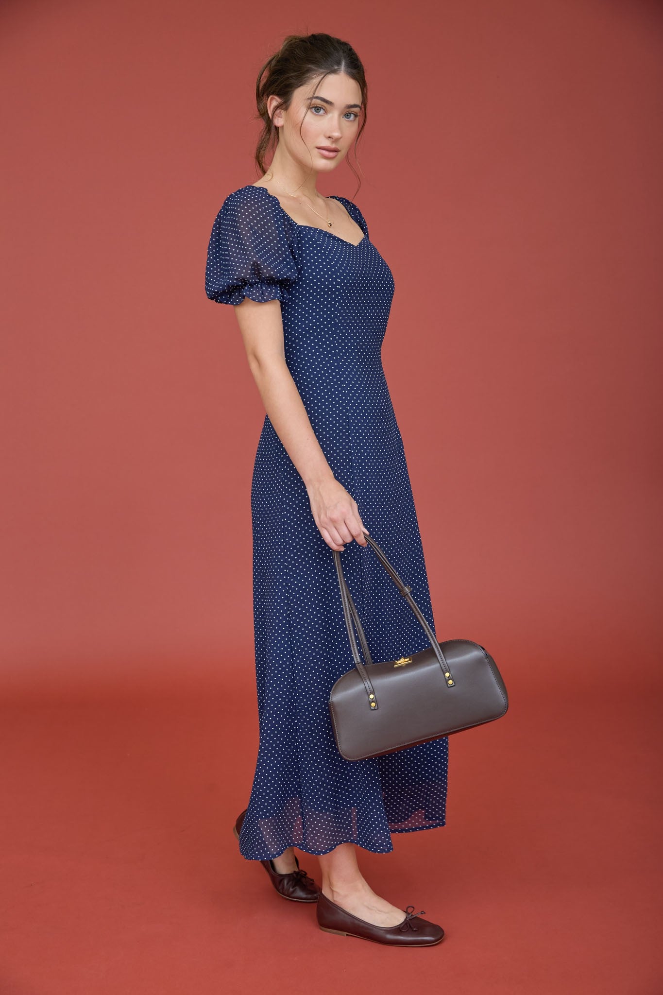 Polka Dot Sweetheart Puff Sleeve Mesh Midi Dress