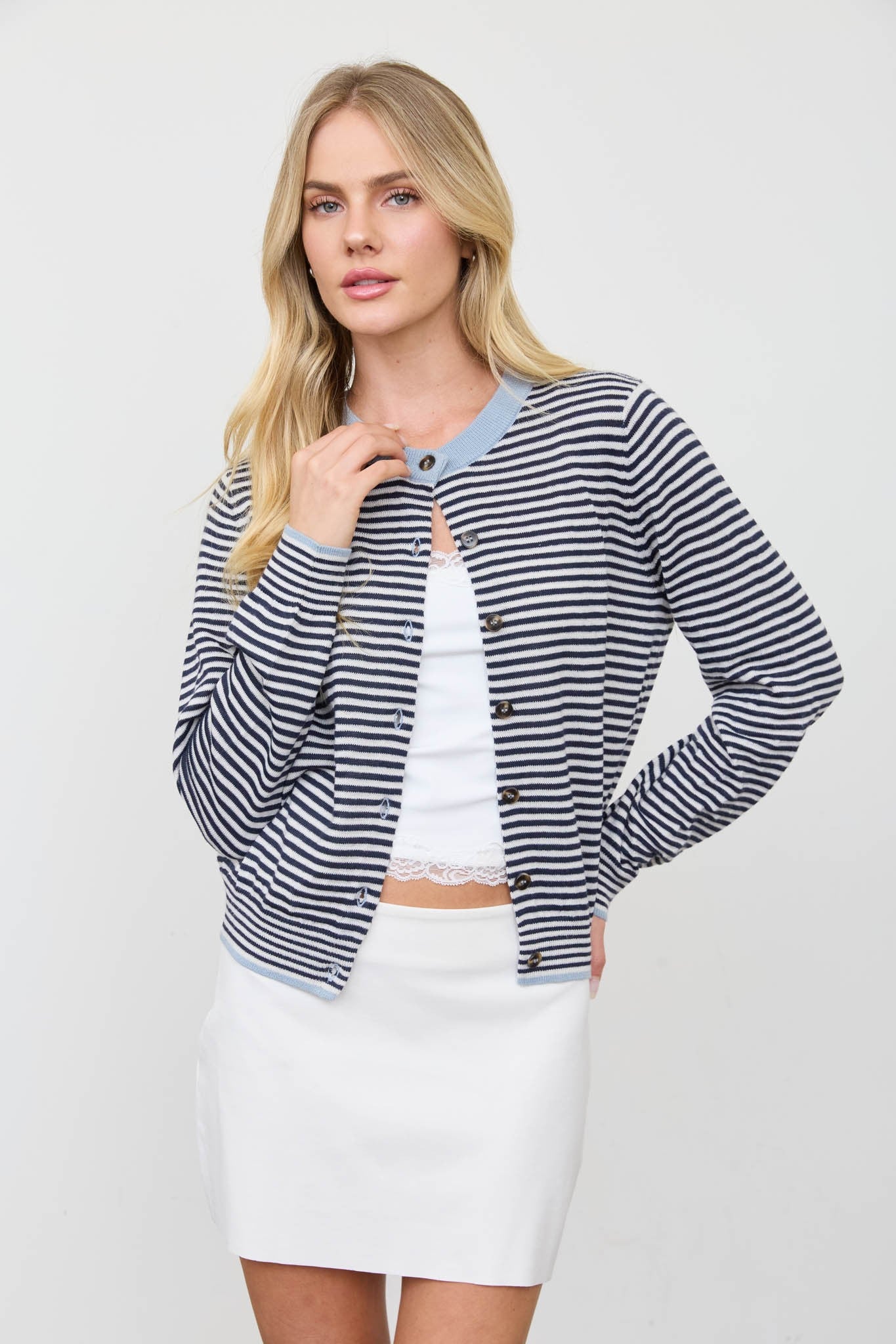 Stripe Contrast Trim Button Down Knit Cardigan