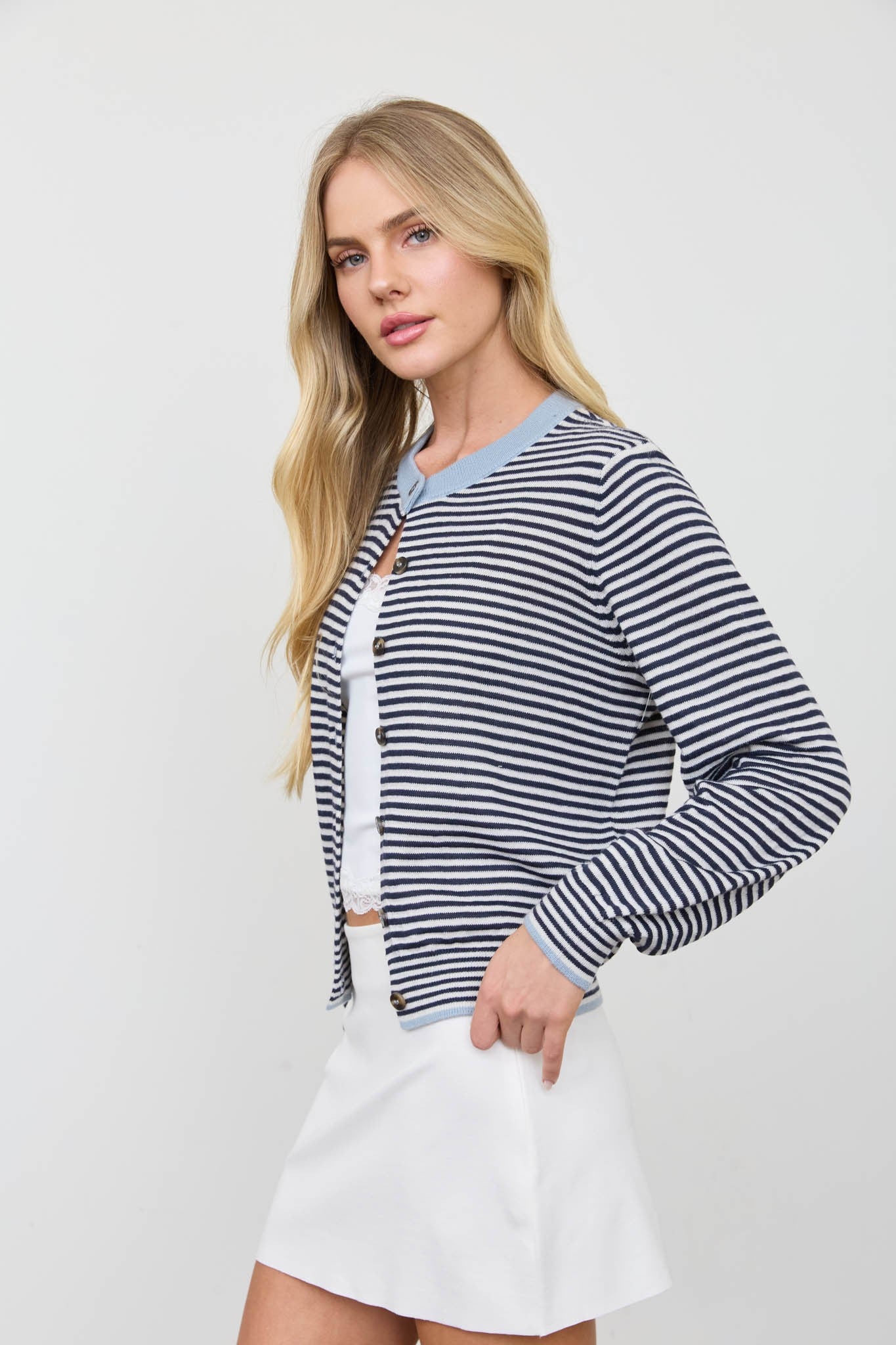 Stripe Contrast Trim Button Down Knit Cardigan