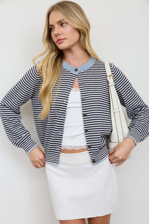 Stripe Contrast Trim Button Down Knit Cardigan