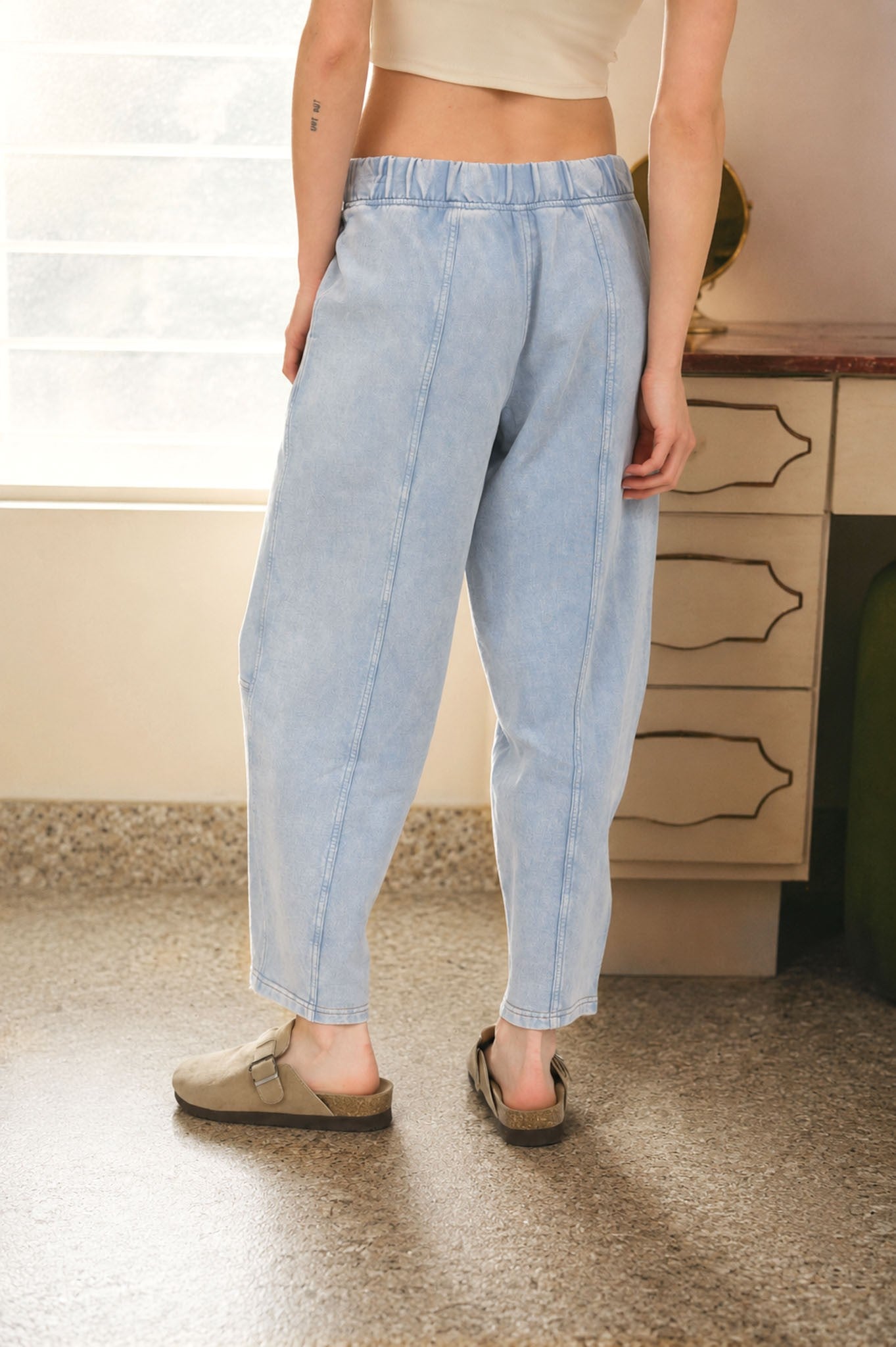 Acid Washed Elastic Waist Knit Joggers