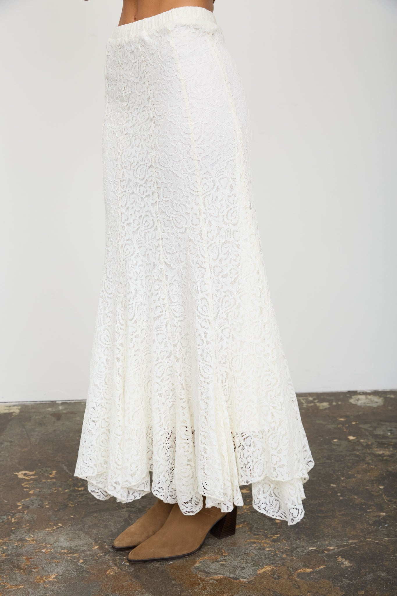 Lace Pattern Godet Midi Skirt