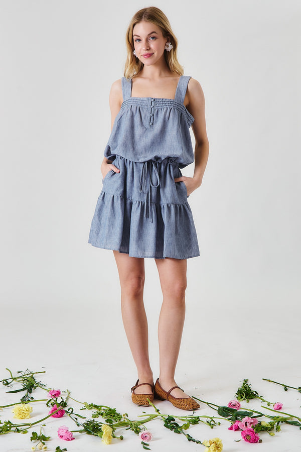Pintuck Button Front Drawstring Tiered Mini Dress