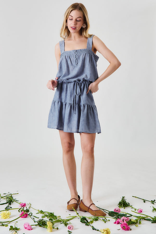 Pintuck Button Front Drawstring Tiered Mini Dress
