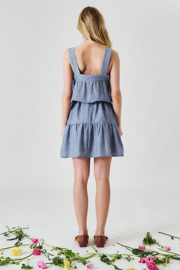 Pintuck Button Front Drawstring Tiered Mini Dress - Blush & Cactus