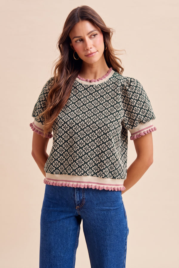 Geo Floral Jacquard Puff Sleeve Knit Top
