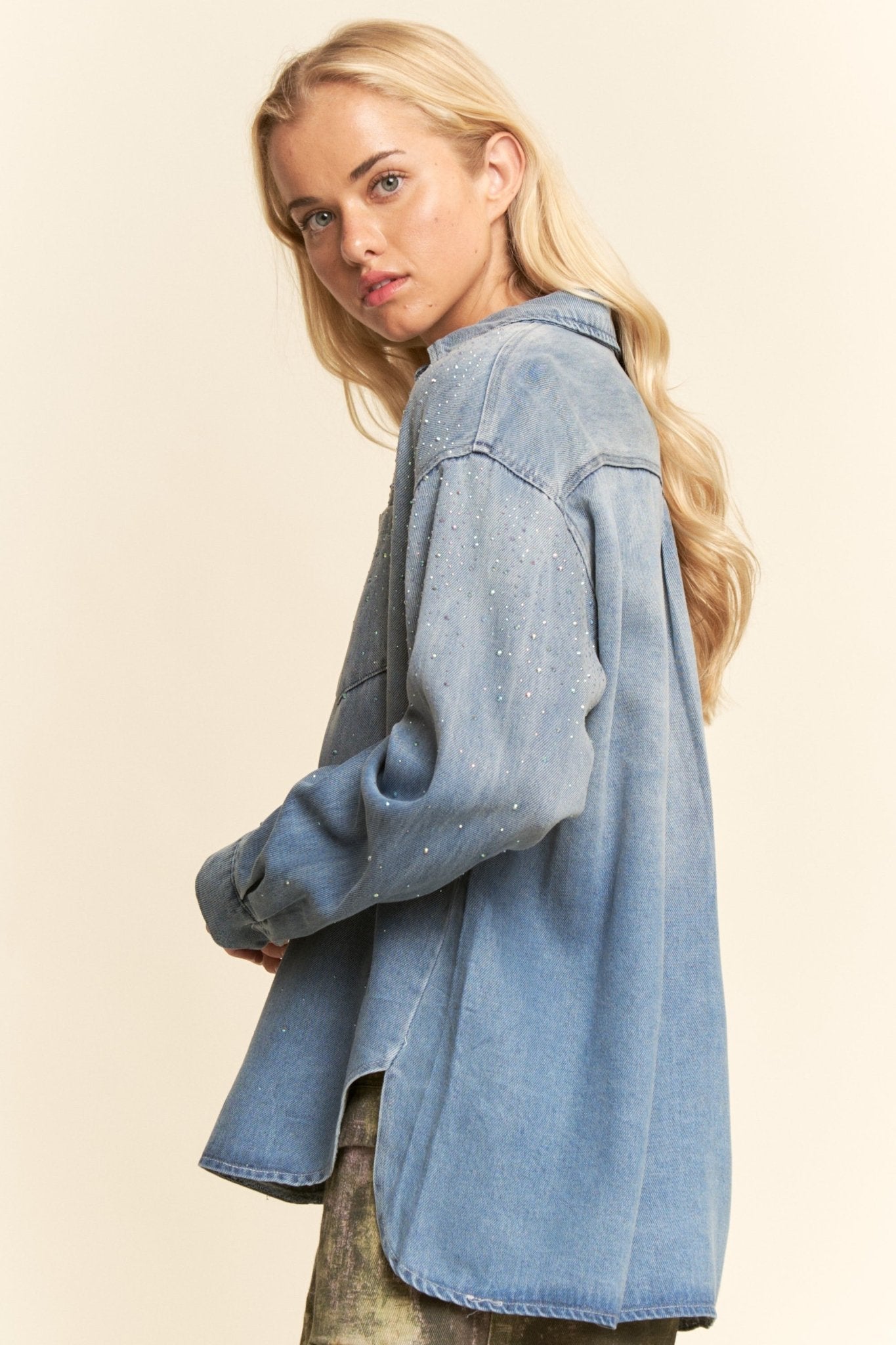Davi & Dani Oversized Rhinestone Chest Pocket Denim Shirt - Blush & Cactus