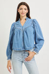 Risen Pull On Denim Blouse With Lace Up Sleeve Details