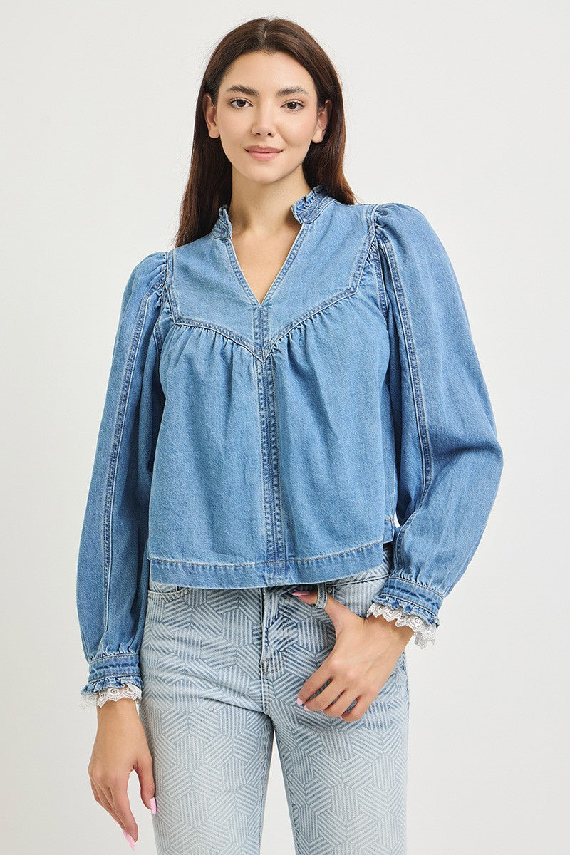 Risen Pull On Denim Blouse With Lace Up Sleeve Details