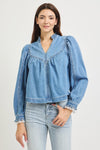 Risen Pull On Denim Blouse With Lace Up Sleeve Details