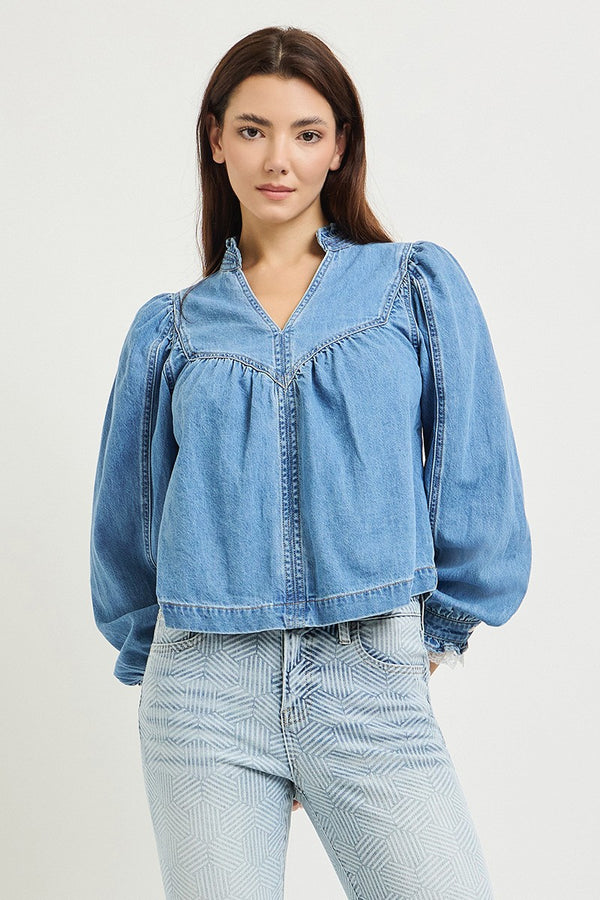 Risen Pull On Denim Blouse With Lace Up Sleeve Details