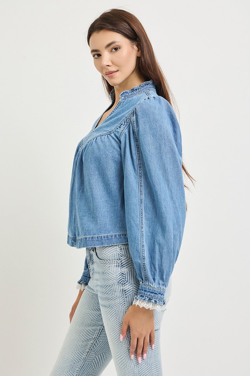 Risen Pull On Denim Blouse With Lace Up Sleeve Details