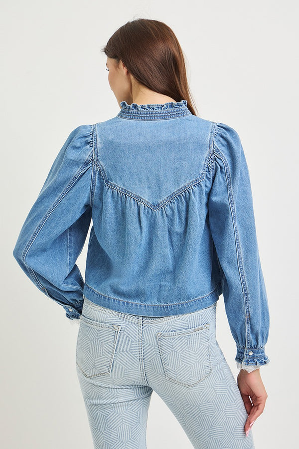 Risen Pull On Denim Blouse With Lace Up Sleeve Details