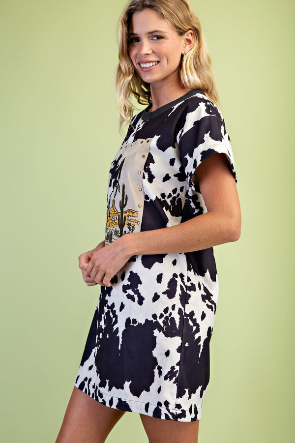 Gigio Faux Suede Cow Print T-shirt Dress