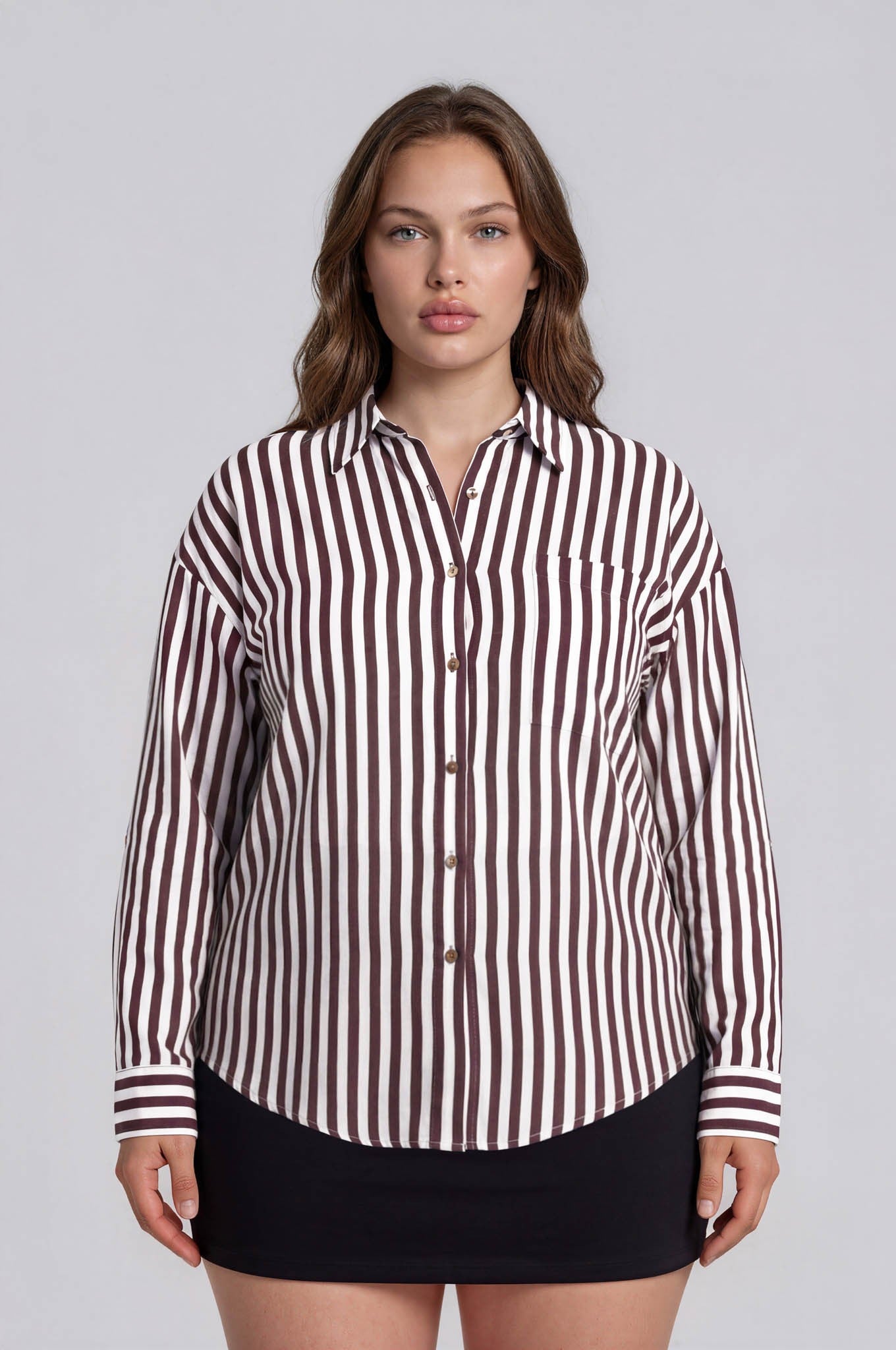 Vertical Stripe Collared Button Down Shirt - Curvy Size