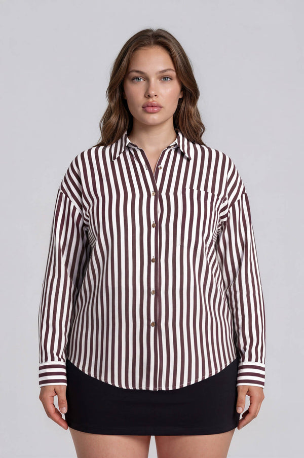 Vertical Stripe Collared Button Down Shirt - Curvy Size