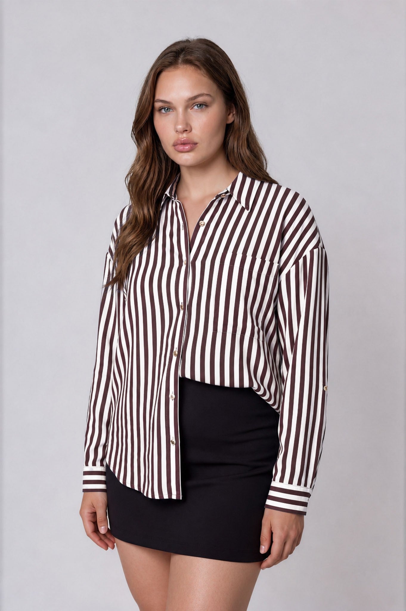 Vertical Stripe Collared Button Down Shirt - Curvy Size