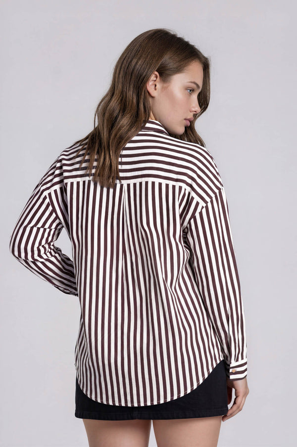Vertical Stripe Collared Button Down Shirt - Curvy Size