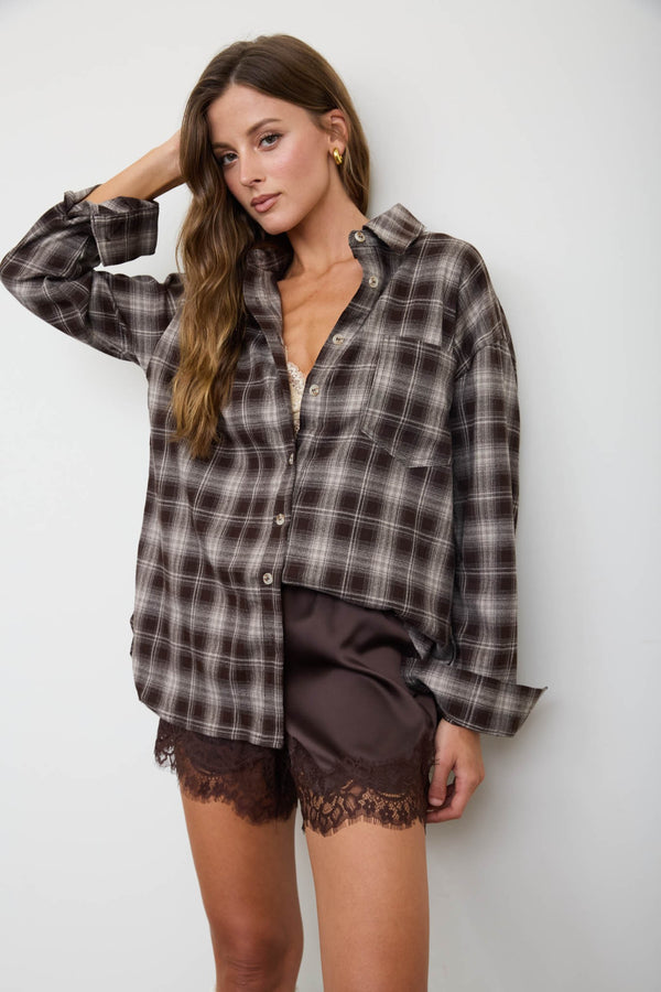 Plaid Collared Long Sleeve Button Down Top