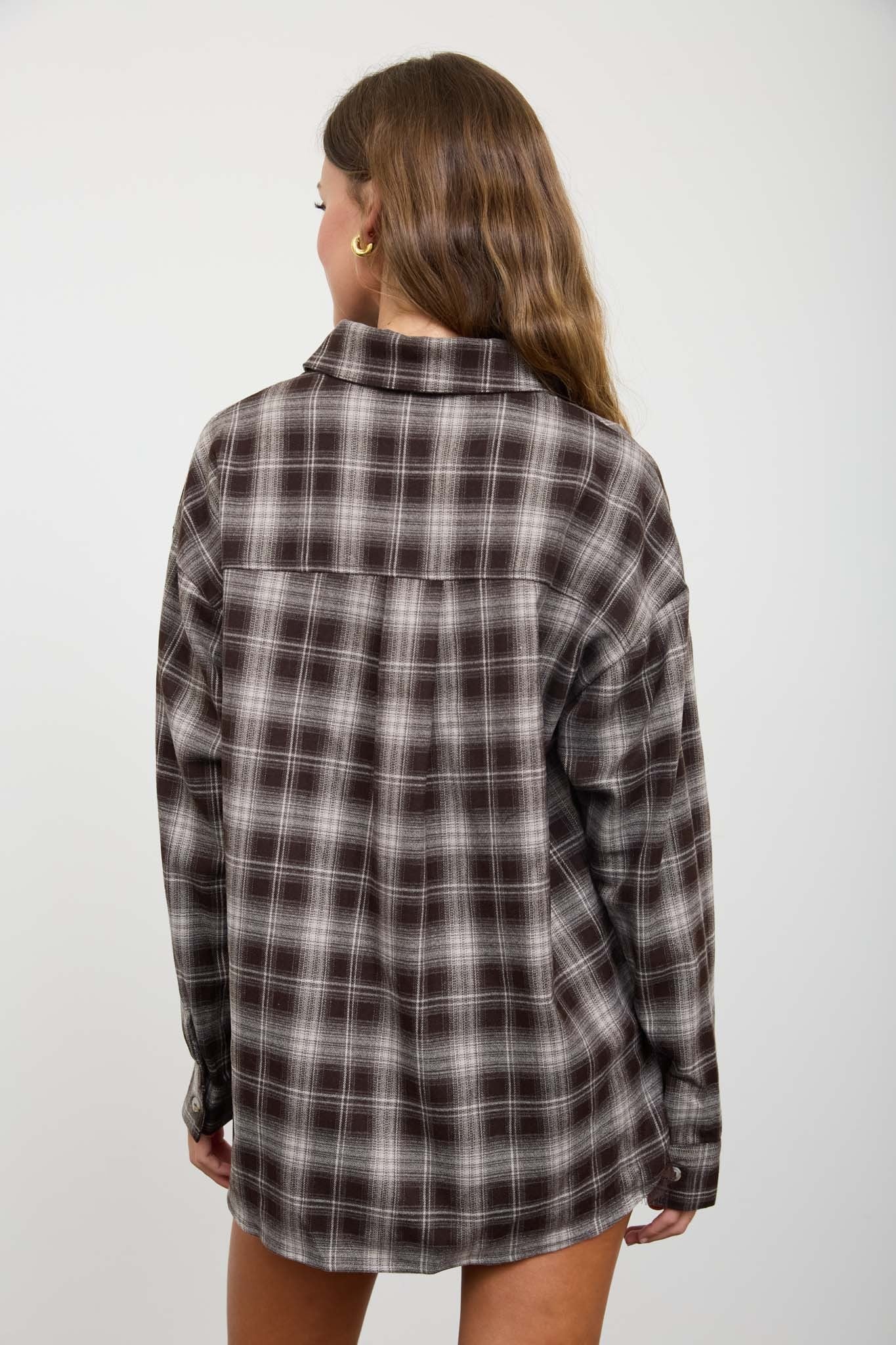 Plaid Collared Long Sleeve Button Down Top