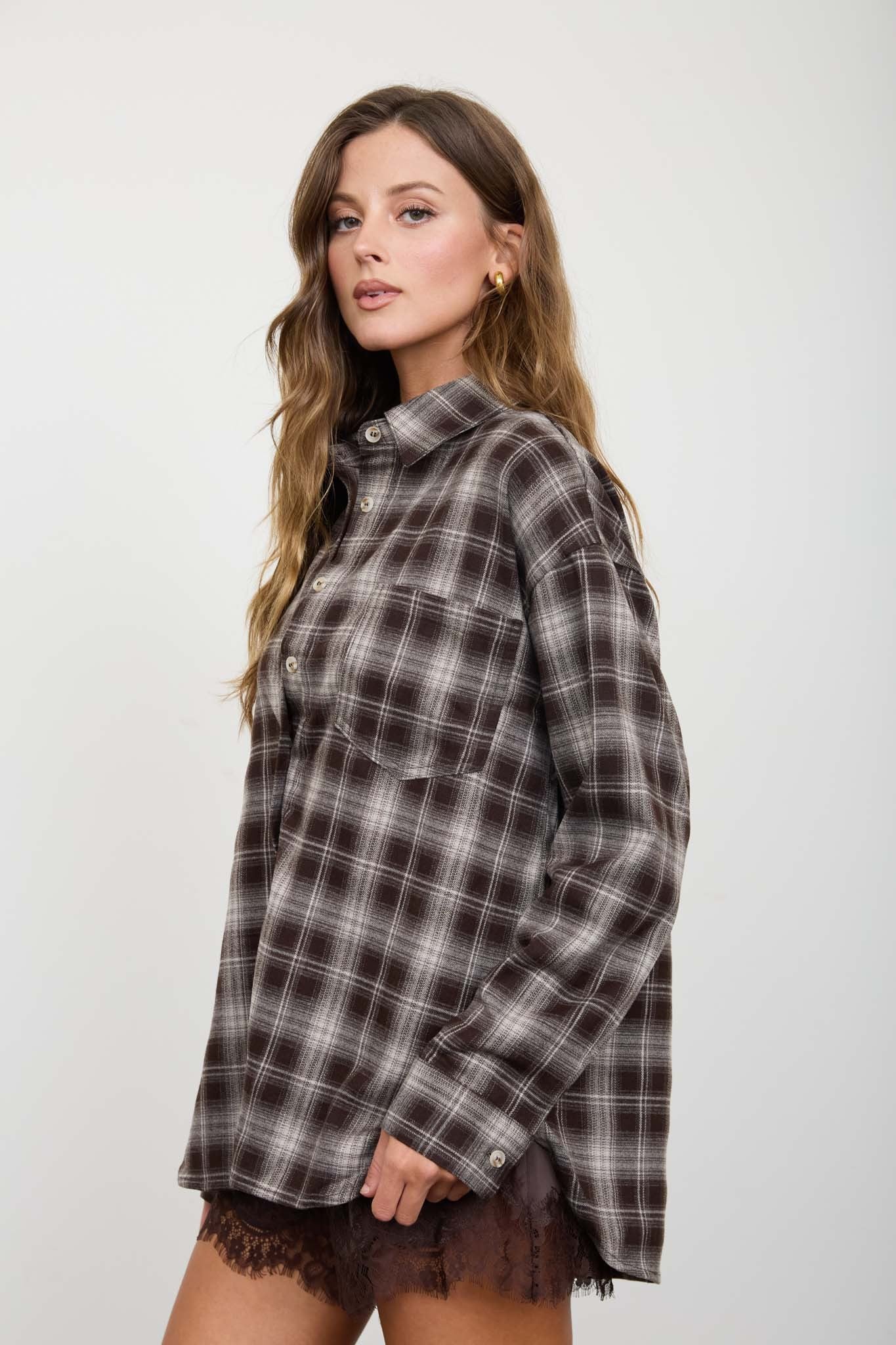 Plaid Collared Long Sleeve Button Down Top