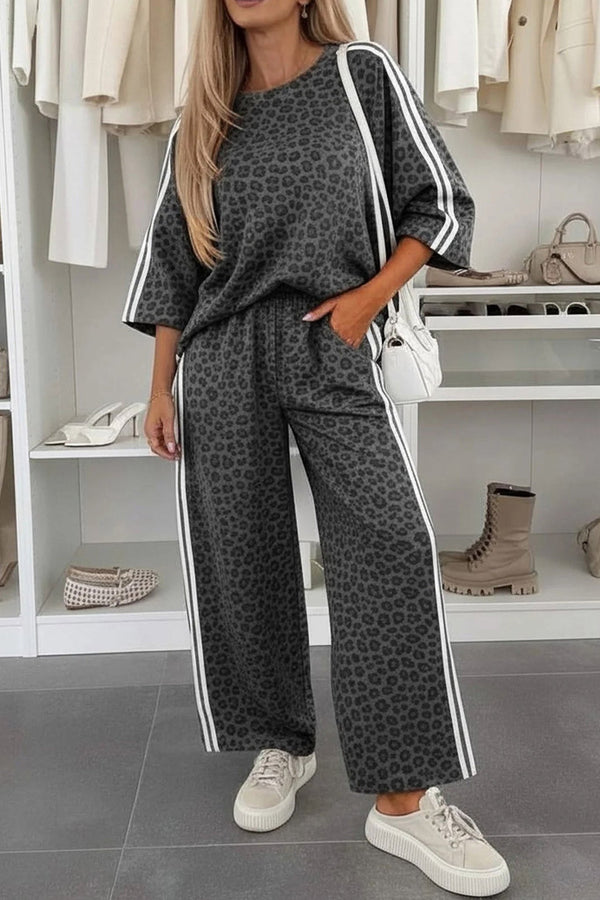 Leopard Two Piece Set Short Sleeve Top Wide Leg Pants