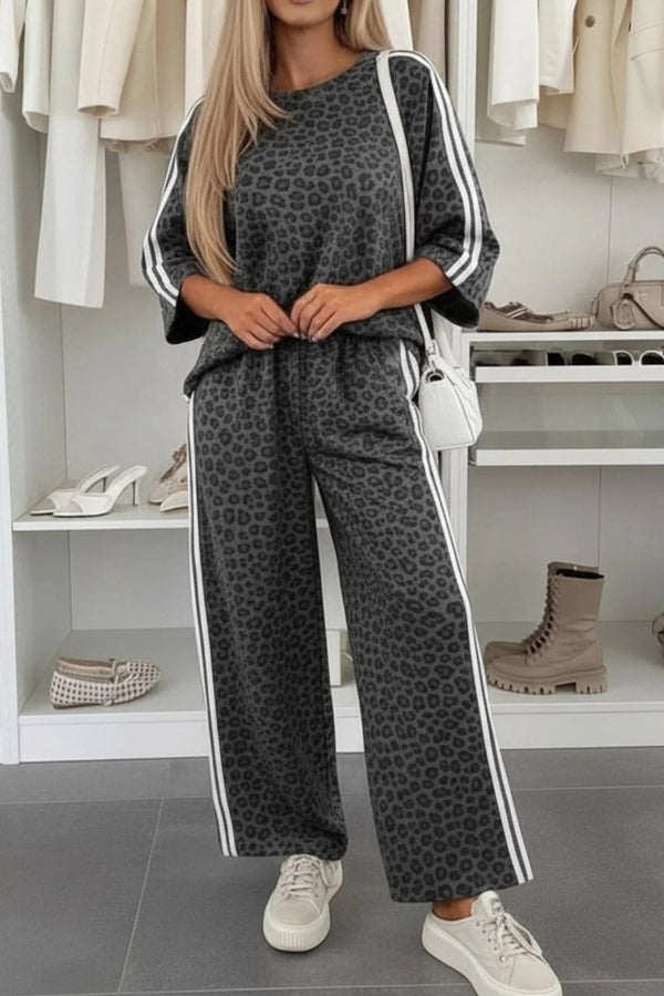 Leopard Two Piece Set Short Sleeve Top Wide Leg Pants