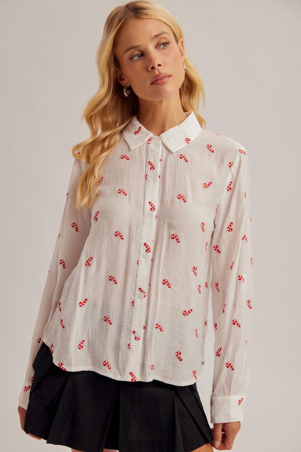 Candy Cane Embroidered Button Down Shirt