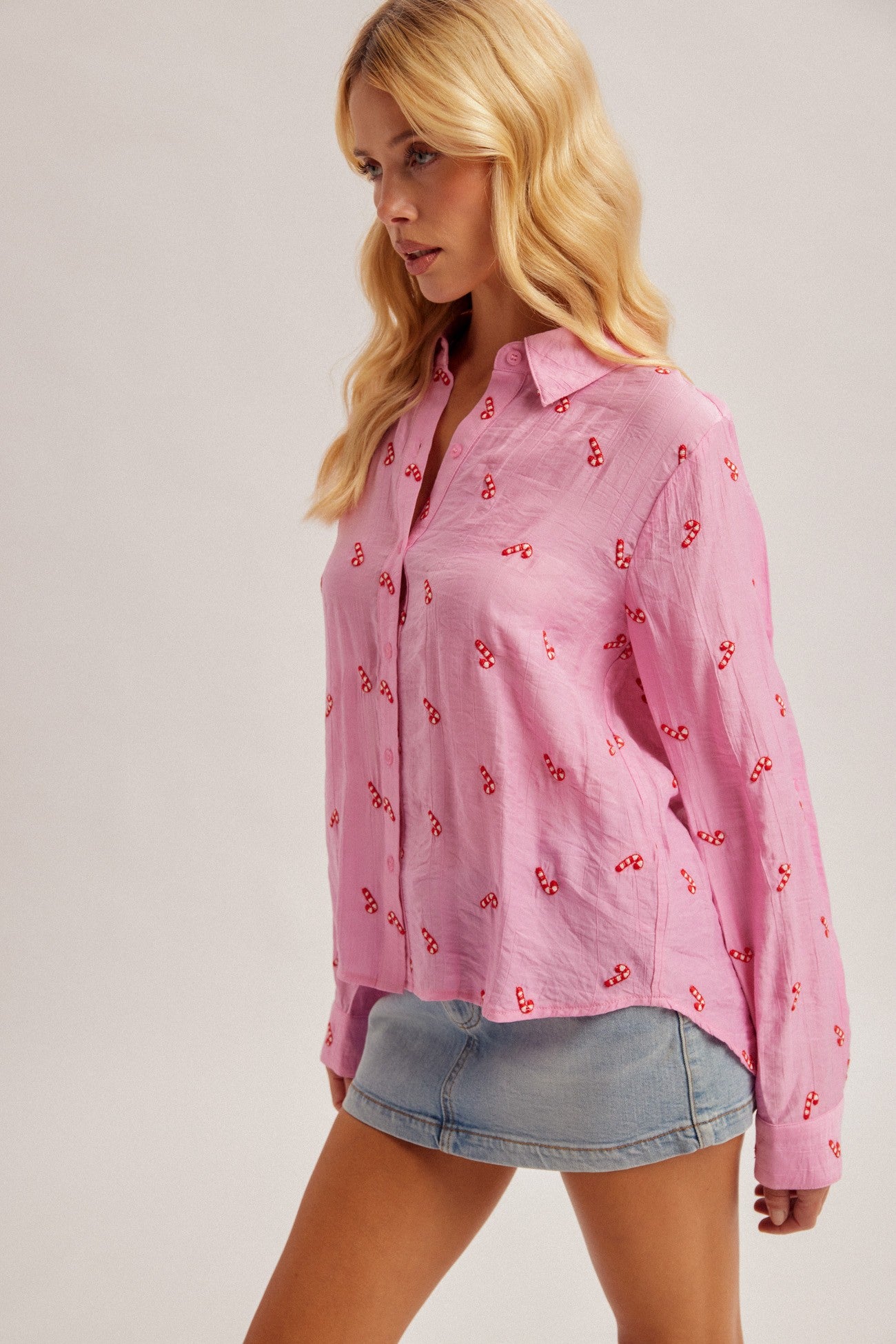 Candy Cane Embroidered Button Down Shirt