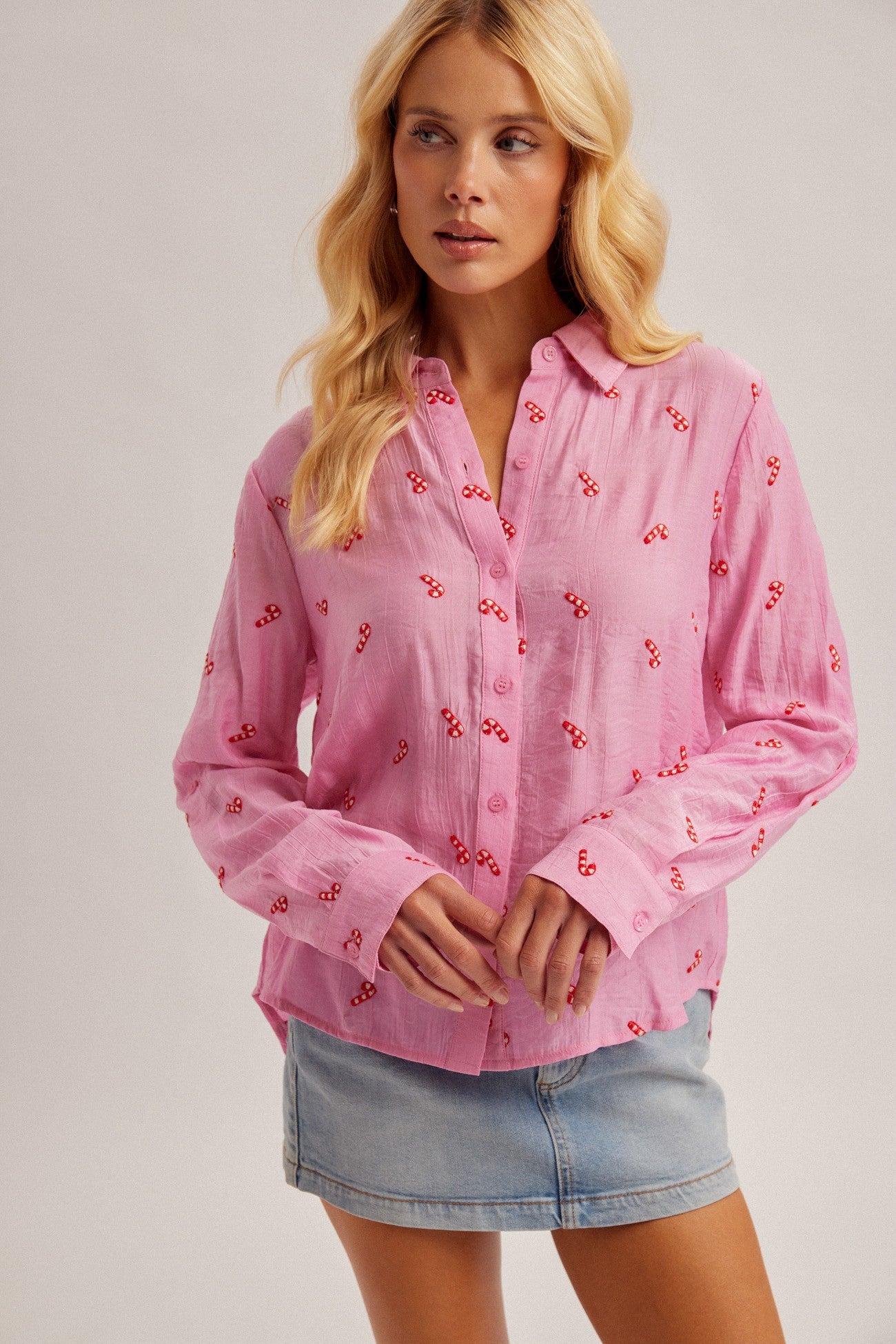 Candy Cane Embroidered Button Down Shirt