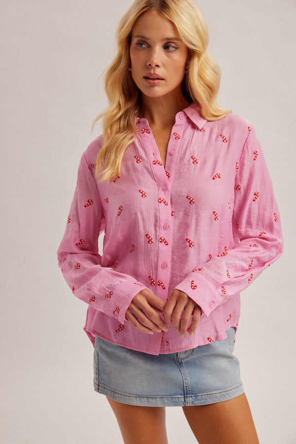 Candy Cane Embroidered Button Down Shirt