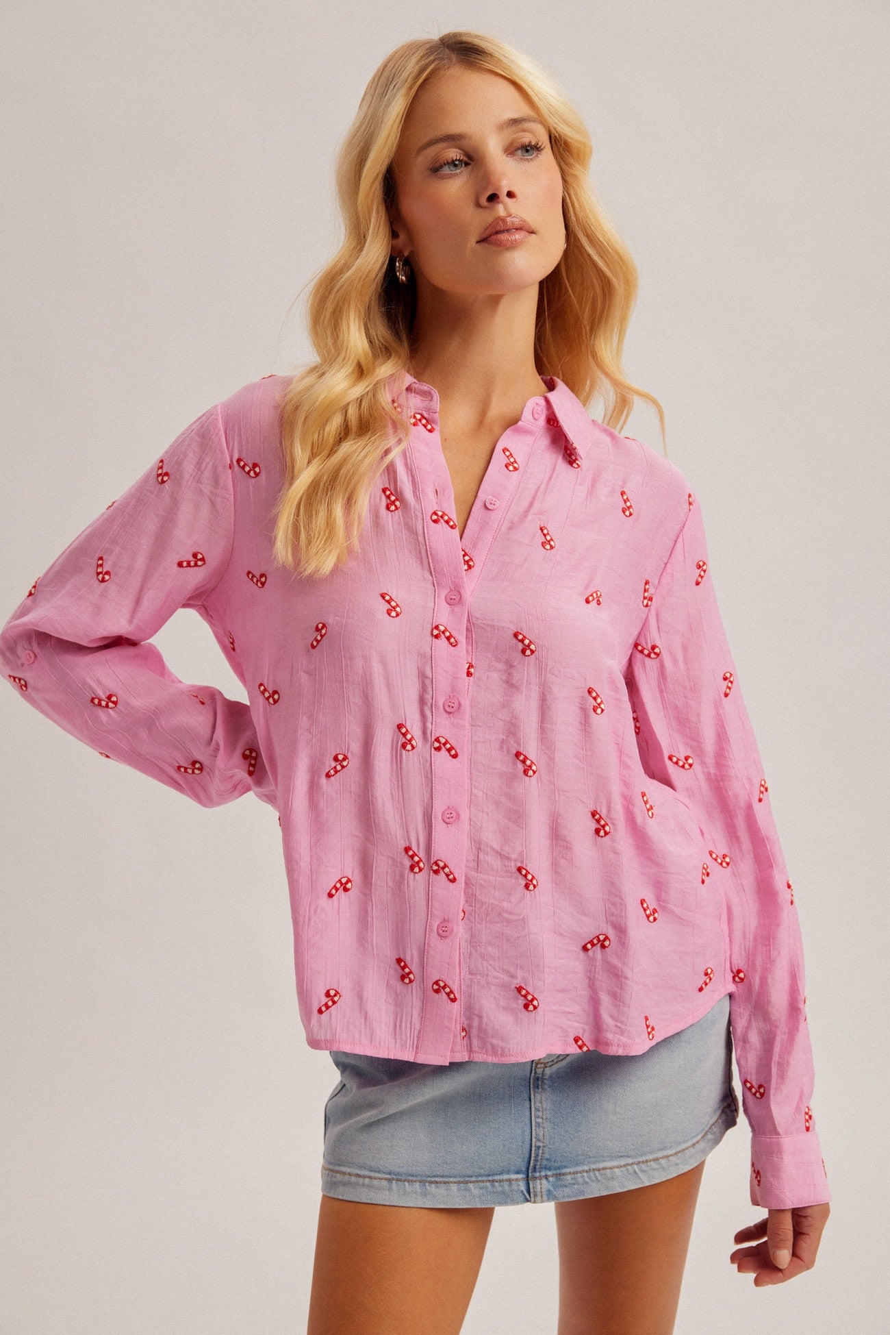 Candy Cane Embroidered Button Down Shirt