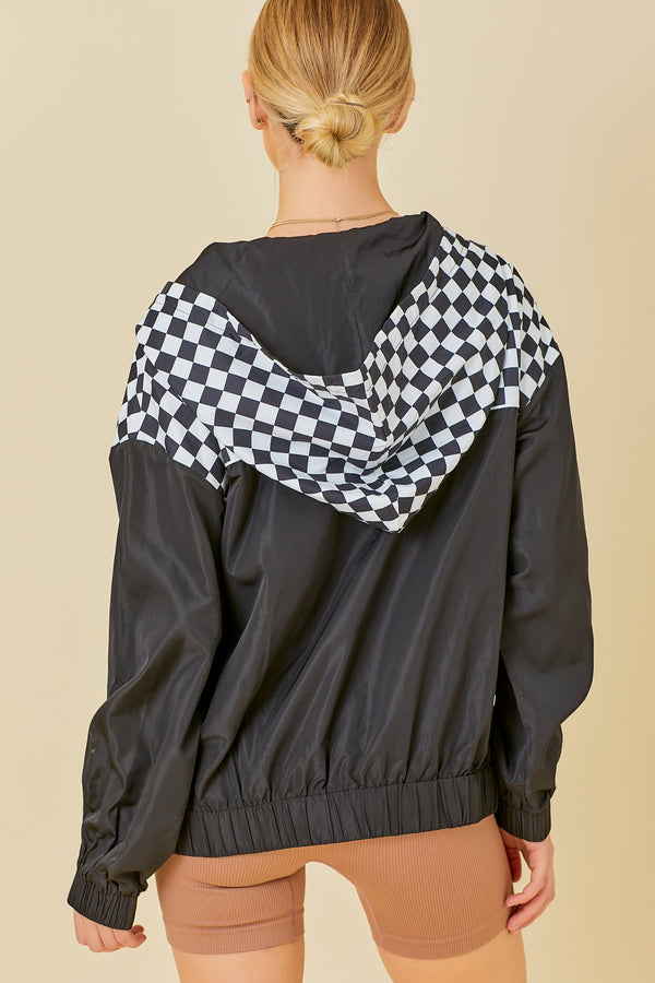 Checkboard Print Windbreaker Hoodie Jacket