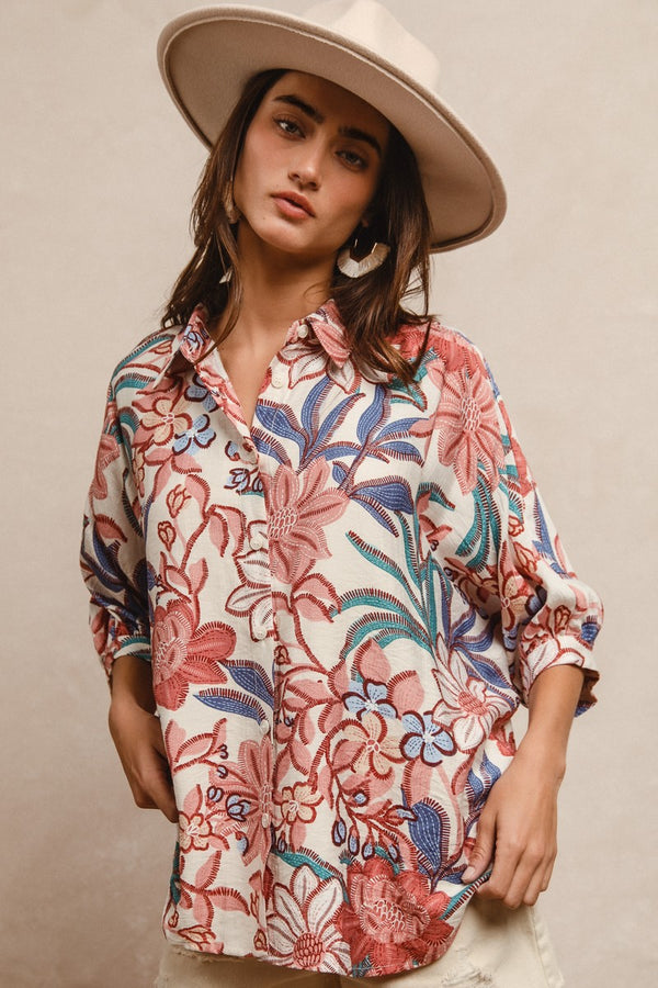 BIBI Floral Prints Oversized Shorts Sleeves Top