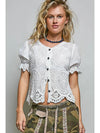 POL Round Neck Short Sleeve Button Closure Crochet Top - Blush & Cactus