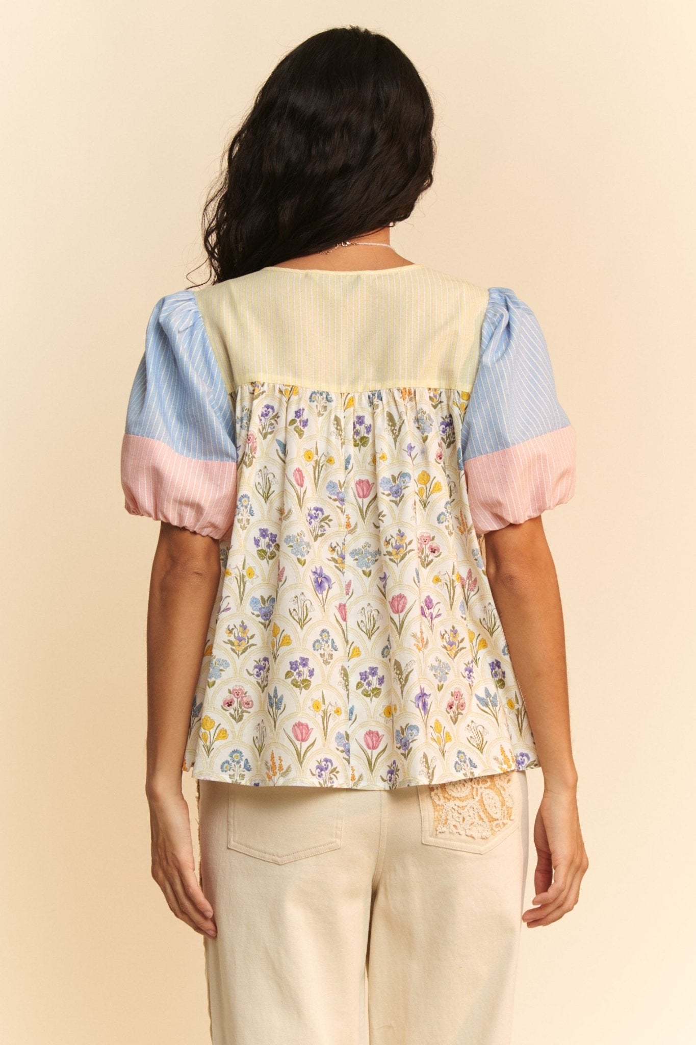 SALE Davi & Dani Stripe Wallpaper Print Tie Front Peasant Top - Curvy Size - Blush & Cactus