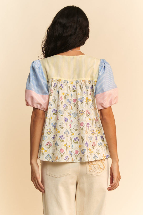 SALE Davi & Dani Stripe Wallpaper Print Tie Front Peasant Top - Curvy Size - Blush & Cactus