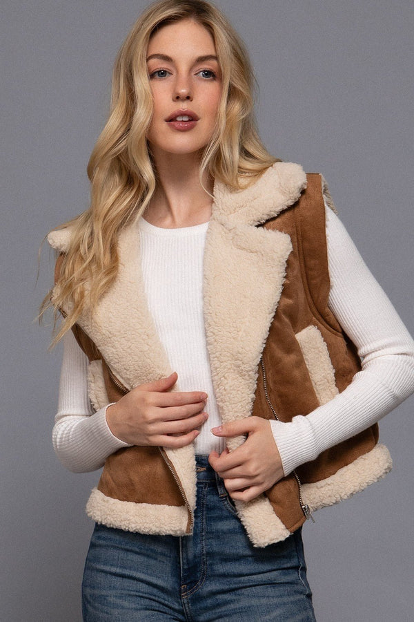 Faux Suede Inner Fur Zip Up Vest - Blush & Cactus