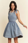 Davi & Dani Strap Smocking Zipper Washed out Denim Mini Dress