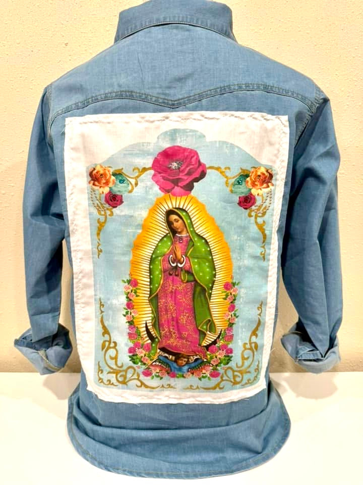 Virgin Mary Denim Snap Front Shirt