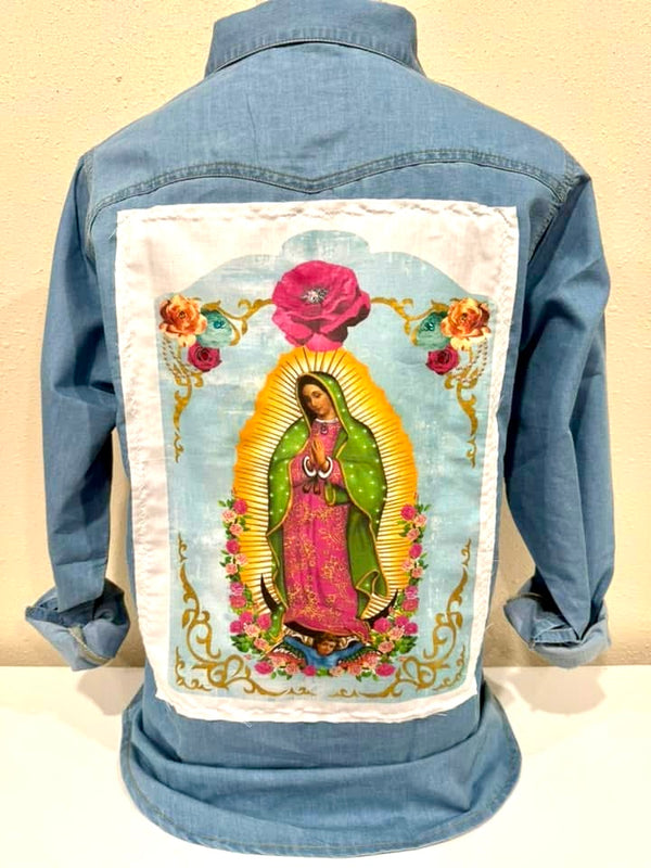 Virgin Mary Denim Snap Front Shirt