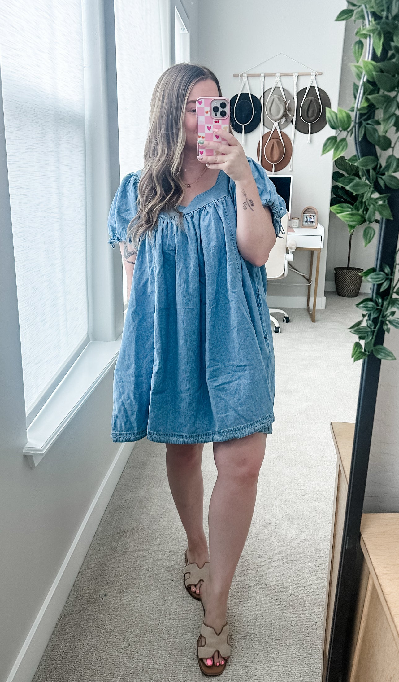eesome Mineral Washed Puff Sleeve Mini Dress