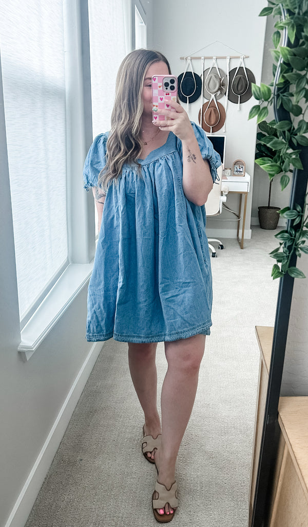 eesome Mineral Washed Puff Sleeve Mini Dress