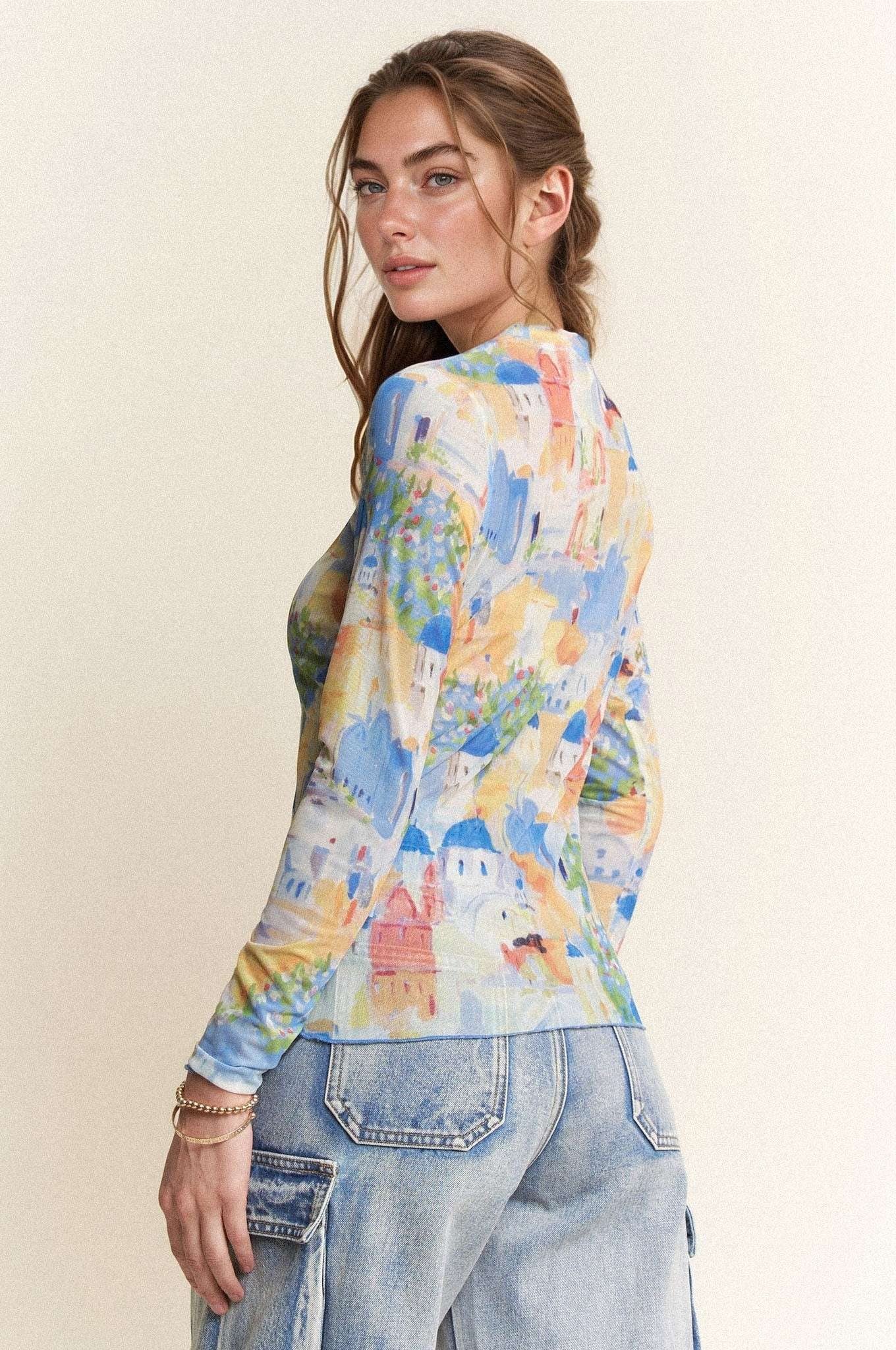 Davi & Dani Multi Printed Mesh Round neck Long Sleeve Top