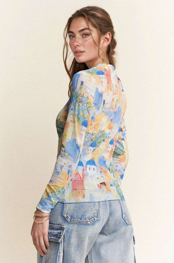 Davi & Dani Multi Printed Mesh Round neck Long Sleeve Top