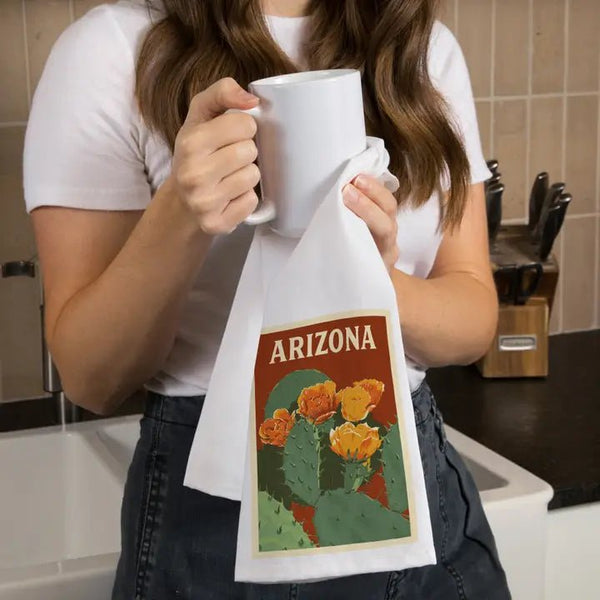 Organic Tea Towel Arizona, Prickly Pear Cactus Letterpress - Blush & Cactus