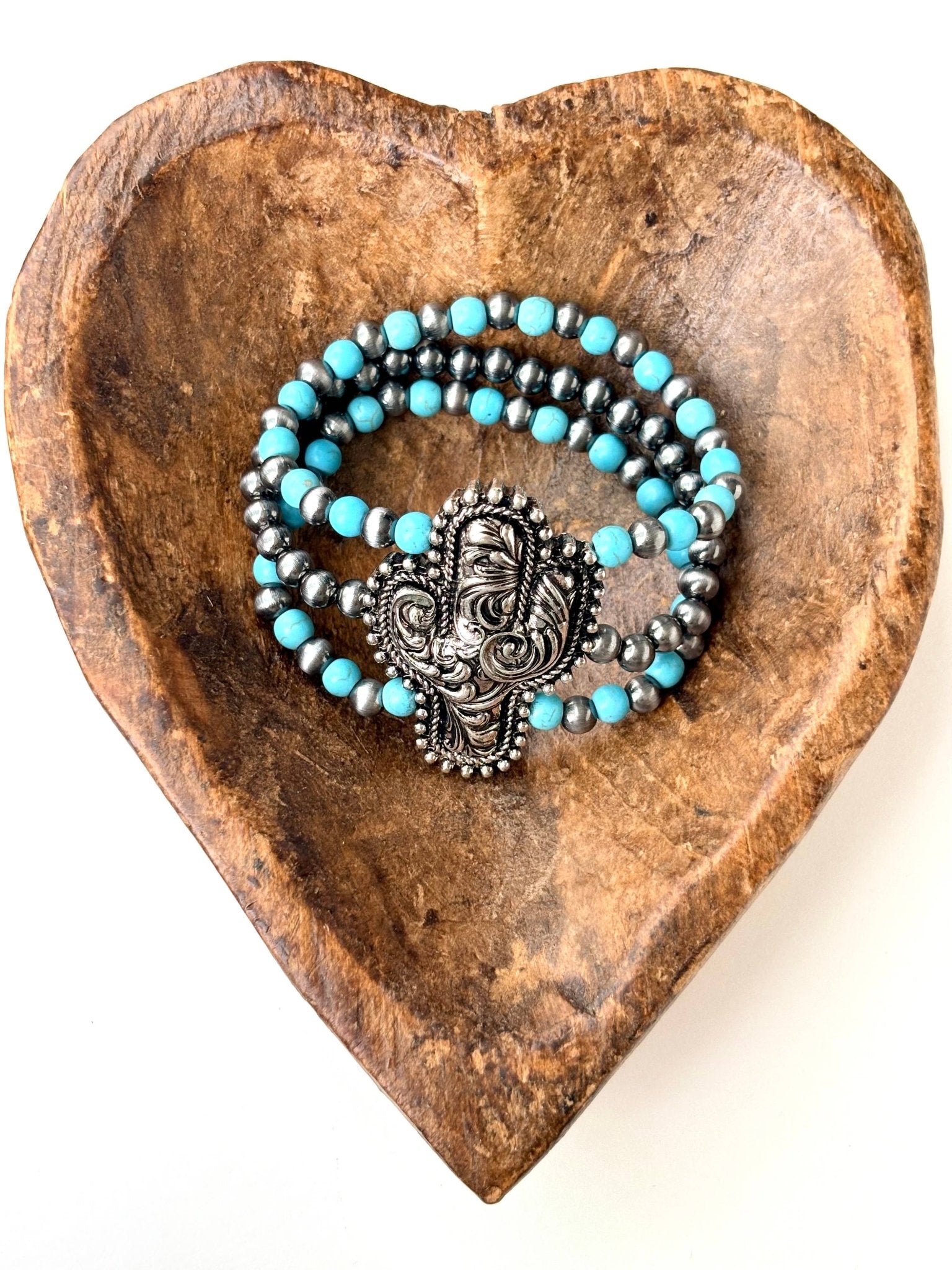 3 Layered Beaded Western Cactus Stretch Bracelet - Blush & Cactus
