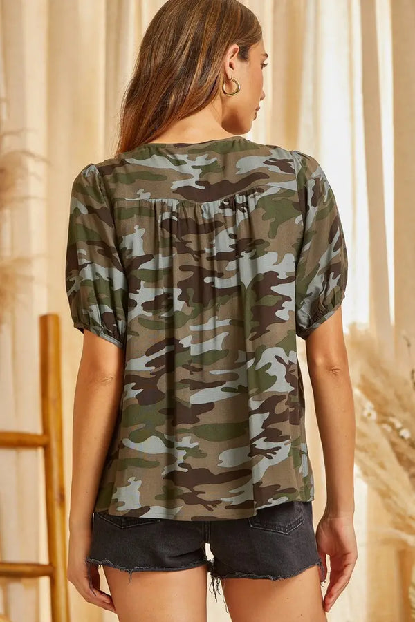 Camo Floral Embroidered Short Sleeve Blouse