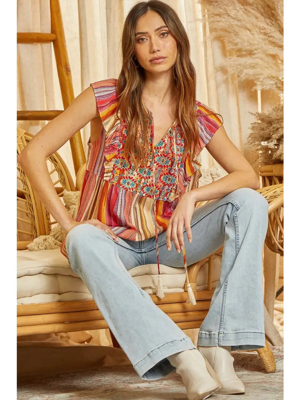 Aztec Embroidery Woven Top